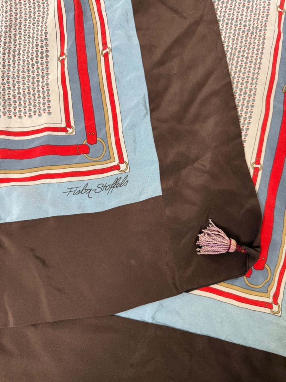 Brown & Light Blue Tassel Border Silk Scarf